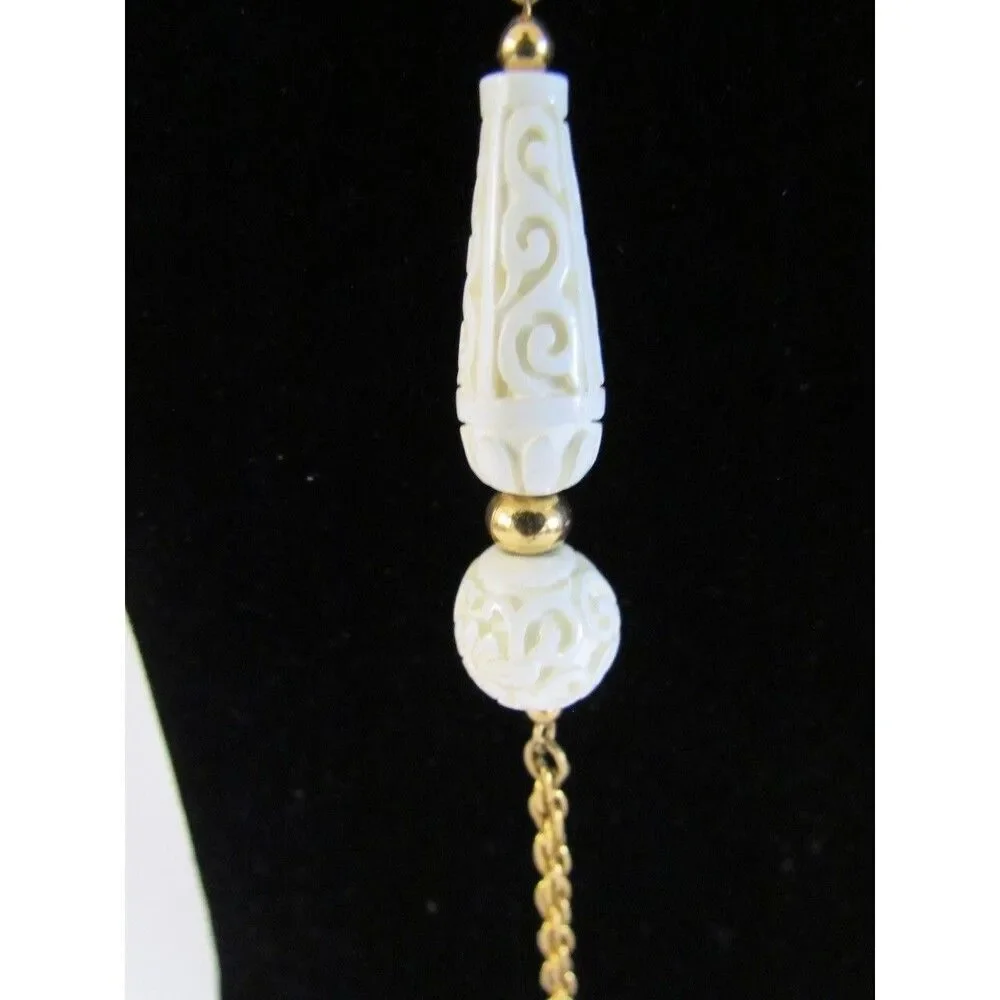 Vintage 60s Crown Trifari Sautoir Necklace Carved Faux Ivory  Gold Tone